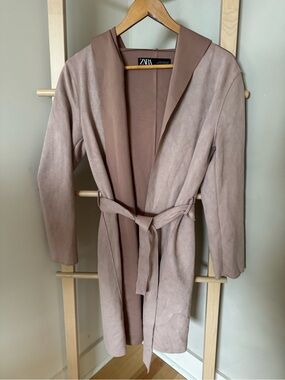 ZARA Women's Dusty Rose Suede-Look Belted Trench Coat